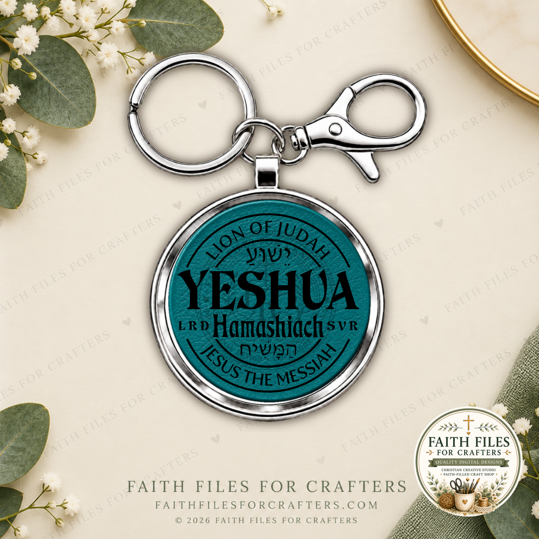 YESHUA HAMASHIACH laser engraved teal black leatherette keychain with shiny silver hardware